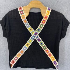 Crochet Granny Square Trim Graphic Black Open Front Waffle Knit Shirt XL SHEIN